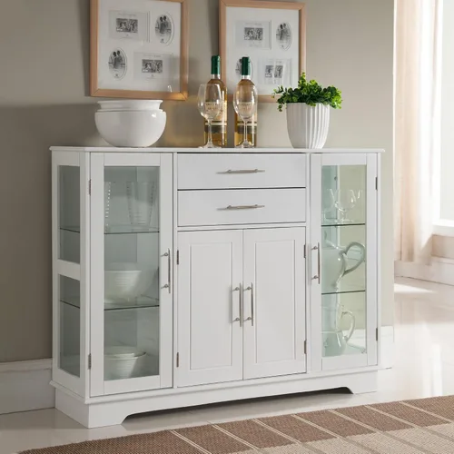 Vista 2 de Kings Brand - Gabinete modular de almacenamiento de cocina con puertas de vidrio, color blanco