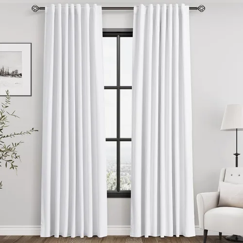 Vista 9 de Nanspring Cortinas de lino 100% opacas para dormitorio, 96 pulgadas de largo, con pestaña trasera, bolsillo para barra, aislamiento térmico, cortina