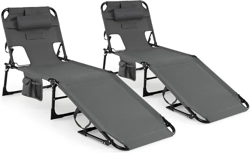 Vista 13 de Tangkula Silla de Bronceado con Orificio para la Cara, Silla Reclinable Plegable y Ajustable para Patio, Playa, Tomar el Sol con Bolsillo Lateral