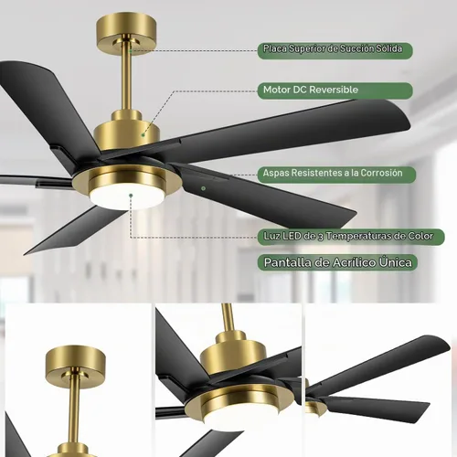 Vista 7 de Ventilador de techo de 60 pulgadas con luz LED y control remoto, ventilador de techo industrial con motor de CC reversible, ventilador moderno