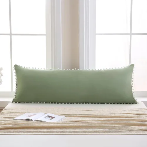 Vista 39 de Juego de 2 fundas de almohada con pompones color verde aguacate, tamaño Queen estándar, 100% microfibra lavada, funda de almohada con flecos de bola