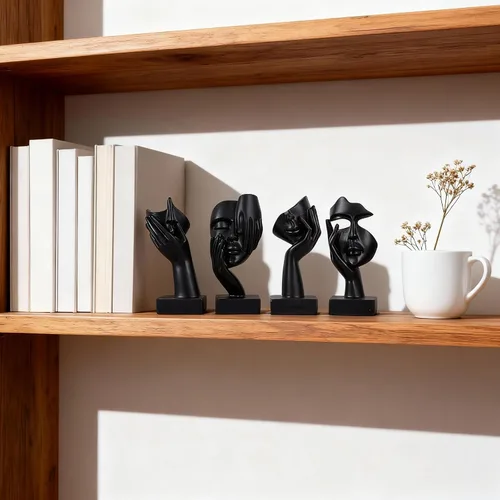 Vista 2 de Juego de 4 Figuritas de Pensador Abstracto Negro, Estatua Pequeña de Arte Facial para el Hogar para Decoración de Acentos Dormitorio de Mujeres