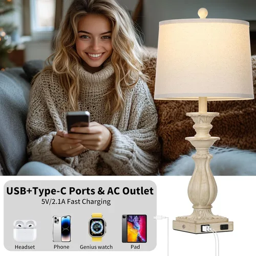 Vista 4 de Rinweey Juego de 2 lámparas de mesa de granja de 28 pulgadas para sala de estar, lámpara de noche regulable de 3 vías con puertos USB C+A y salida