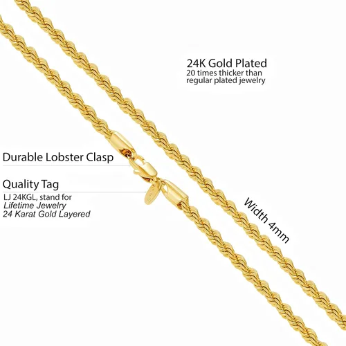 Vista 4 de LIFETIME JEWELRY Collar de cadena de cuerda de 0157in chapado en oro real de 24 quilates para mujeres y hombres Chapado en oro No es una piedra