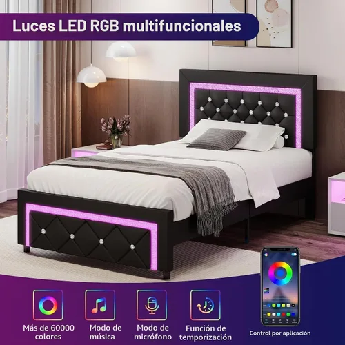 Vista 4 de BarnFurin Marco de cama Twin con luces LED, cama de plataforma tapizada con cabecera capitonada de diamante, no necesita somier, sin ruido, fácil