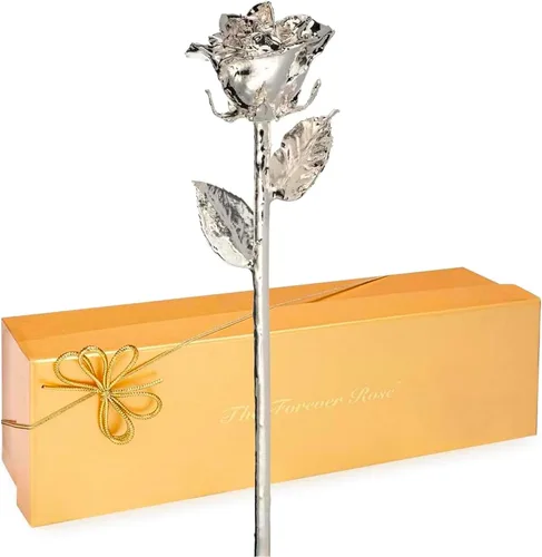 Vista 12 de Forever Rose - Rosa real sumergida en plata, rosa preservada hecha a mano en jarrón de corazón acrílico y lujosa caja de regalo dorada, regalo