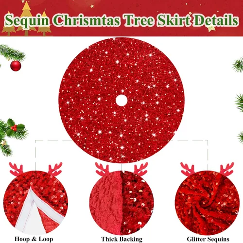 Vista 3 de MODFUNS Falda Roja para Árbol de Navidad Mini Faldas con Purpurina para Árbol de 21 Pulgadas Falda para Árbol de Navidad con Lentejuelas Tapete