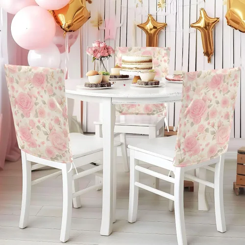 Vista 5 de Juego de 6 fundas decorativas románticas para sillas de comedor con diseño de rosas rosadas para sala de estar, fiestas de cumpleaños, fundas