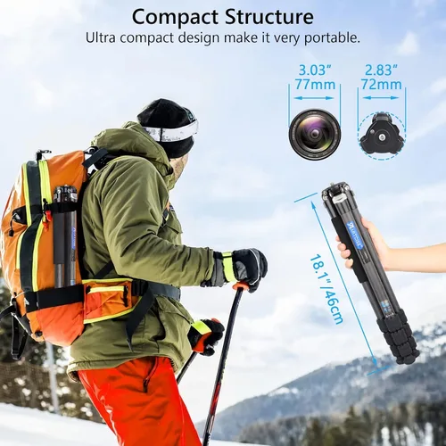 Vista 4 de Trípode compacto de fibra de carbono de 10 capas, soporte de cámara de viaje de carbono, accesorio monopod desmontable, diseño de orificio roscado