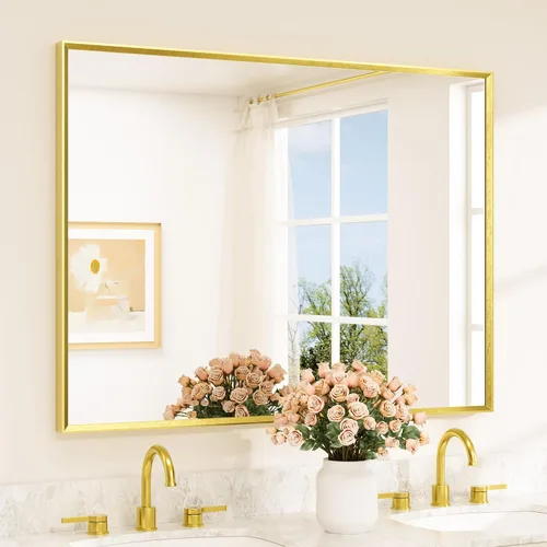 Vista 50 de TETOTE Espejo de baño dorado cepillado de 20" x 30", espejo de tocador de baño rectangular de latón dorado cepillado con marco biselado para sobre
