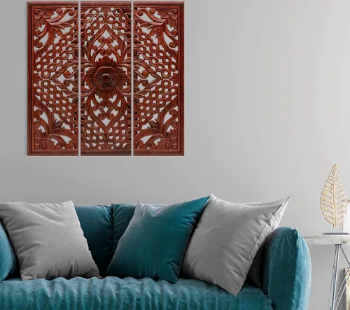 Vista 4 de Light & Pro Arte de pared marroquí-chino, juego de 3 paneles florales hechos a mano de 36 x 12 pulgadas para sala de estar, dormitorio y pasillo