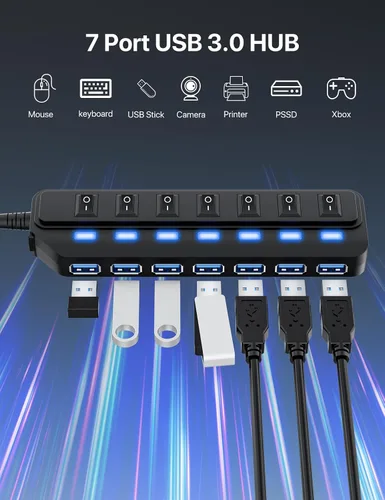 Vista 2 de WIRWTRU Hub USB de 7 puertos, divisor de concentrador USB 3.0 con interruptores LED individuales de encendido/apagado, concentrador USB para PC
