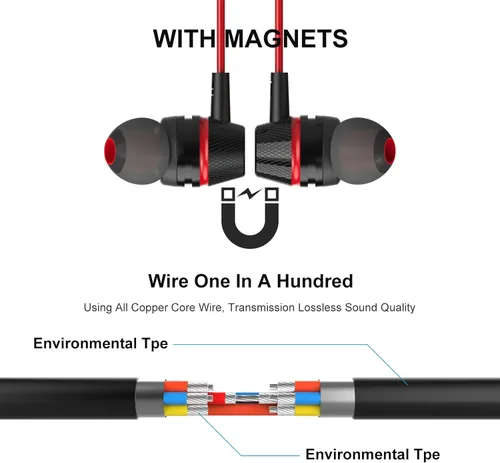 Vista 6 de 1Mii Auriculares con cable con micrófono y control de volumen, auriculares intrauditivos magnéticos con graves profundos, aislamiento de ruido