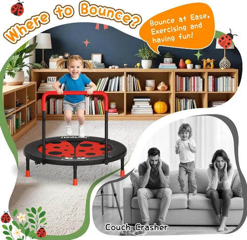 Vista 8 de Premium 3FT Foldable Toddler Trampoline for Kids Ages 3-6, 36 Inch ASTM Certified Mini Trampoline with Adjustable Handle, 100 lbs Capacity, Quiet