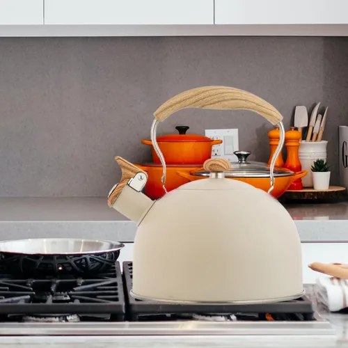 Vista 7 de Vilihkc Hervidor de té de 2.6 litros, tetera para estufa, acero inoxidable de grado alimenticio con mango plegable con patrón de madera, silbato