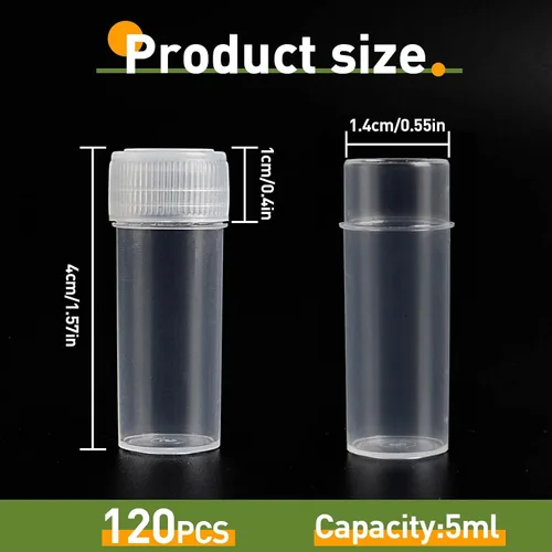 Vista 2 de 120 botellas de plástico de 0.2 fl oz para almacenamiento de viales, mini estuche de almacenamiento transparente con tapa, recipiente