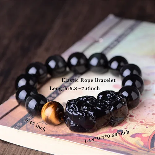 Vista 3 de Pulsera de obsidiana negra, pulsera de obsidiana negra Feng Shui para mujeres y hombres, pulsera elástica de obsidiana con piedra de ojo de tigre