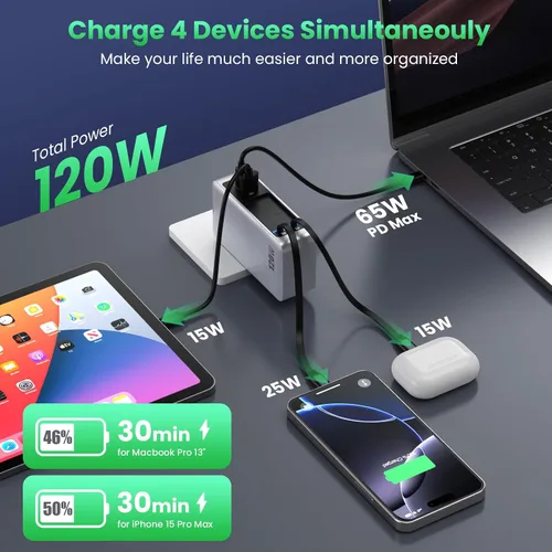 Vista 3 de Bloque de cargador USB C de 120W con 2 cables retráctiles integrados, cargador de pared con enchufe plegable GaN IV 4 en 1, estación de carga A-Plata