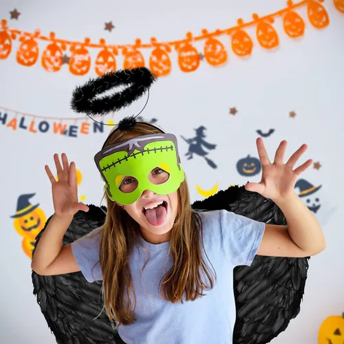 Vista 2 de YoleShy Diadema de alas de ángel negras y aureola de Halloween disfraz de alas negras para mujeres adultas alas de diablo de plumas de primera