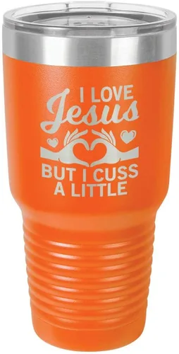 Vista 15 de Taza de viaje con texto en inglés "I Love Jessus I CUSS A LITTLE Engraved Tumbler", de acero con recubrimiento de polvo grabado con láser, sin BPA