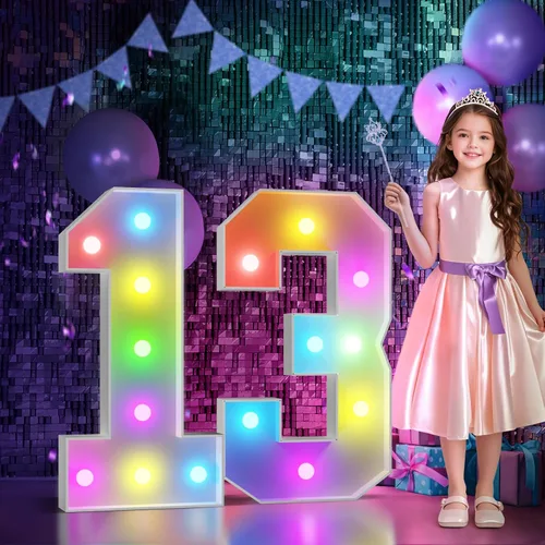 Vista 38 de Imprsv Letras coloridas de marquesina de 3 pies y letras grandes iluminadas RGB con control remoto, decoraciones de fiesta de cumpleaños Carta