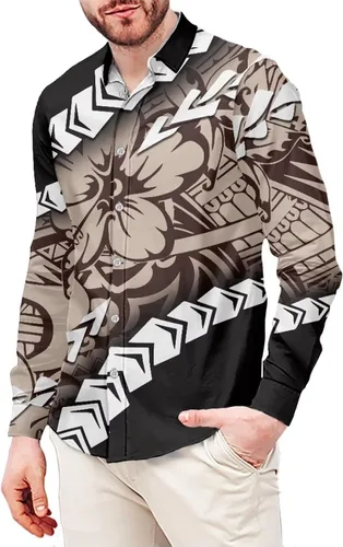 Vista 12 de Camisetas polinesias de manga larga para hombre para hombre, diseño floral de plantas tropicales, camisa con botones en la parte superior