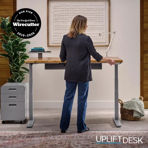 Vista 8 de UPLIFT - Escritorio de bambú V2 de 1 pulgada de grosor, marco de altura ajustable, teclado avanzado con memoria y ojales para cables, tabla Motion-X