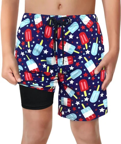 Vista 11 de Trajes de Baño para Niños con Forro de Compresión Cómodos Shorts de Natación Anti-Rozaduras Elásticos UPF Secado Rápido Talla 3T-20 Estrellas Águila