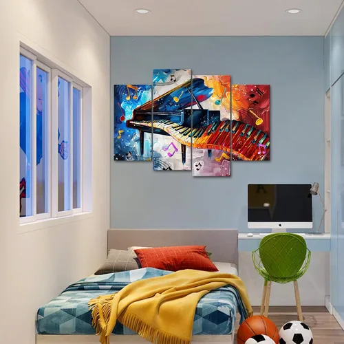 Vista 4 de Biuteawal 4 impresiones en lienzo de piano, notas musicales rojas y azules, arte de pared, teclas de piano, impresiones de imágenes, decoración