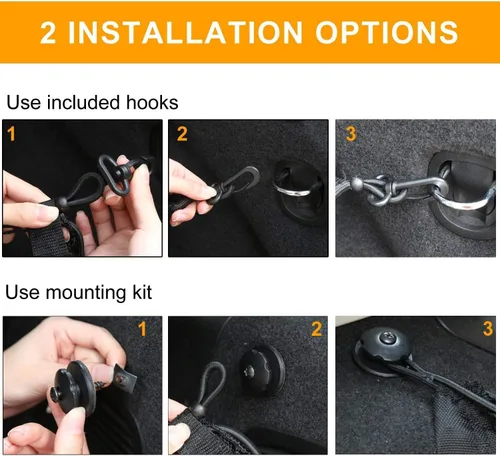 Vista 2 de Red de carga elástica ajustable y resistente, organizador de carga trasera de nailon para maletero de automóvil, con gancho elástico, red