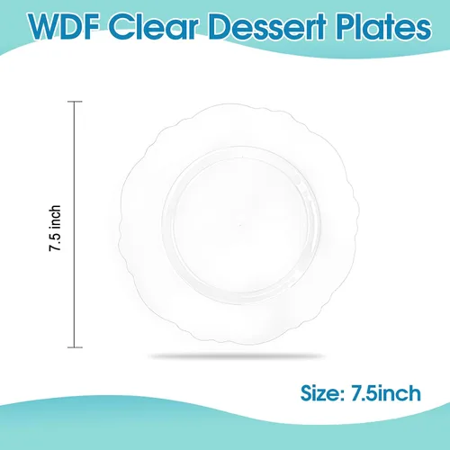 Vista 3 de WDF 60 platos desechables de plástico transparente para postre, 7.5 pulgadas, pequeños, desechables, para pasteles, aperitivos, postres para bodas