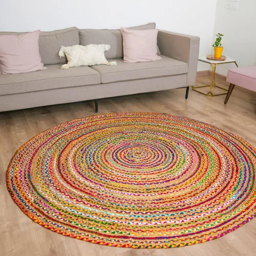Vista 2 de RAJRANG - Alfombra reversible grande de yute chindi, alfombra circular de algodón, multicolor, redonda, 6 pies
