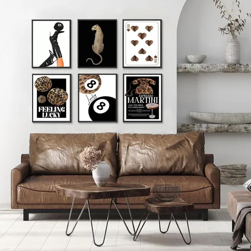 Vista 3 de 6 piezas de arte de pared de leopardo de moda Funky Lucky 8 pósteres de bolas negras para piscina, decoración de pared de guepardo, decoración