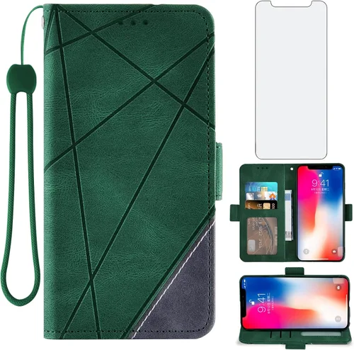 Vista 9 de Funda compatible con iPhone Xs X 10 y 10s y protector de pantalla de vidrio templado, funda de cuero con tapa para tarjeta de crédito, fundas