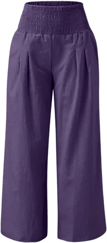 Vista 3 de SHAOBGE Pantalones palazzo de verano para mujer, cintura alta, pierna ancha, casual, cintura elástica, pantalones de playa con bolsillos