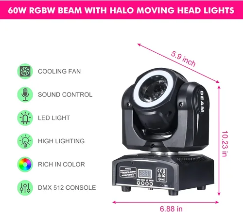Vista 2 de Luces de cabeza móvil de 60 W, luces LED de escenario, haz RGBW, tira de ciclo de halo para DJ, activación de sonido DMX 512 para eventos, fiestas