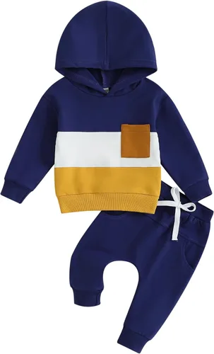 Vista 10 de Ropa de otoño e invierno para bebé niño, con capucha, de manga larga, a rayas, pantalones elásticos para recién nacidos azul (Patchwork Blue)