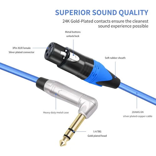 Vista 4 de Paquete de 2 cables equilibrados XLR hembra a ángulo recto de 1/4 pulgadas TRS para micrófono, 1 pie, cable de audio estéreo macho a XLR hembra, 6N