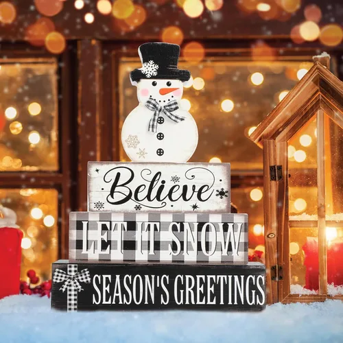 Vista 7 de 4 piezas de decoración de Navidad para interiores de madera con muñeco de nieve para decoración de mesa de centros de mesa de Navidad Feliz Navidad