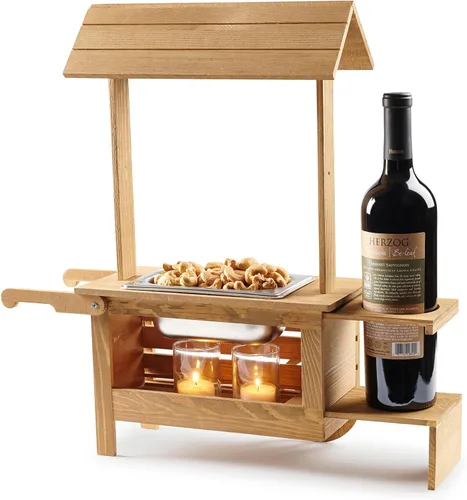 Vista 9 de Soporte para botellas de vino con bandeja para servir aperitivos, carrito de madera de mesa para dulces y calentador de nueces con capacidad para 1