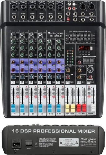 Vista 5 de Consola de Mezclador de Audio Profesional Bluetooth de 8 Canales para DJ, Grabación USB MP3, 6 Entradas XLR para Micrófono, 7 Bandas EQ, 48V Phantom
