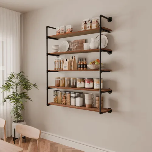 Vista 3 de Estante industrial de tubo de hierro de 5 niveles, estantería de tubo de 48 pulgadas con tablón de madera maciza, estantes abiertos para libros
