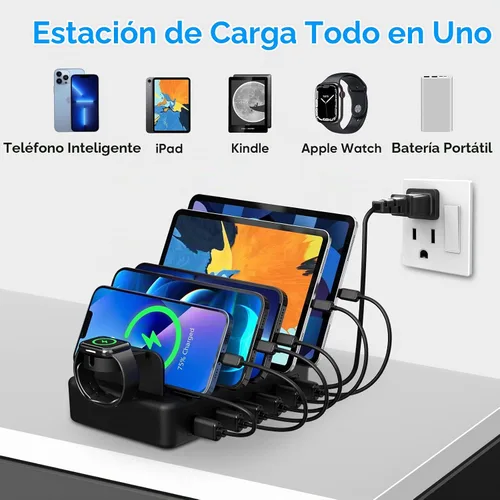 Vista 6 de Estación de Carga para Múltiples Dispositivos, CREATIVE DESIGN Estación de Carga USB 50W de 6 Puertos con Soporte para Apple Watch y 6 Cables