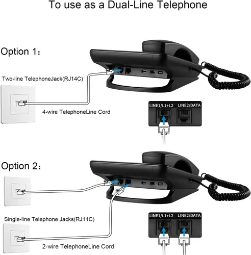 Vista 4 de Sistemas de teléfonos con cable de dos líneas de Ornin para pequeñas empresas y hogar, solo teléfono de escritorio (negro)