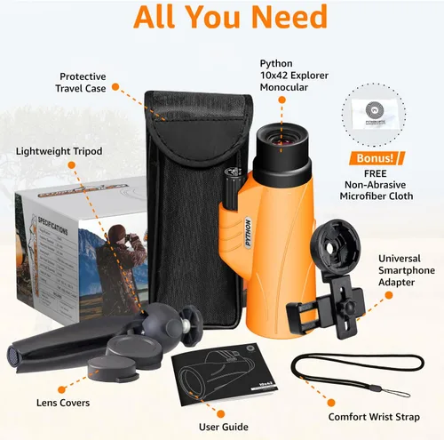 Vista 4 de Python - Telescopio monocular Explorer de 0.394 x 1.654 in con adaptador para teléfono inteligente y trípode, telescopio monocular de alta potencia