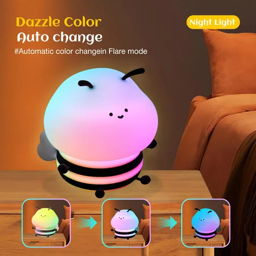 Vista 6 de Luz nocturna de abeja para niños, lámpara blanda, luz nocturna de animales, 3 niveles de brillo, lámpara para niños que cambia de color, lámparas