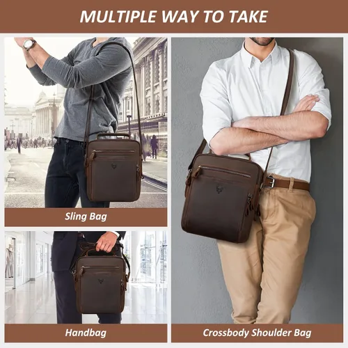 Vista 2 de HUMERPAUL Bolso de mensajero de cuero para hombres y mujeres, bolso de mano cruzado para el trabajo y negocios, Café Mh573
