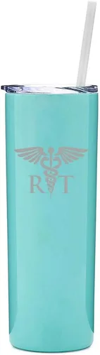 Vista 4 de Vaso alto delgado de 20 onzas de acero inoxidable aislado al vacío taza de viaje con popote RT terapeuta respiratorio (negro)
