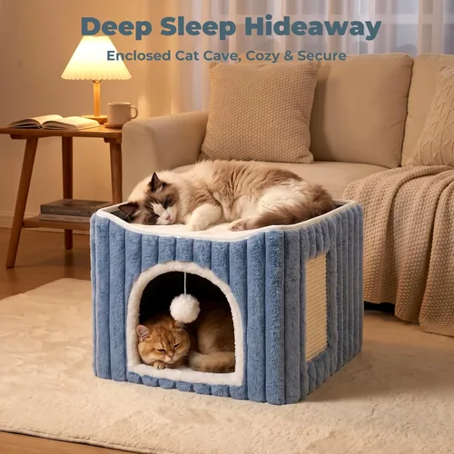 Vista 6 de Avont Cama tipo cueva 3 en 1 para gatos de interior con almohadilla para Azul