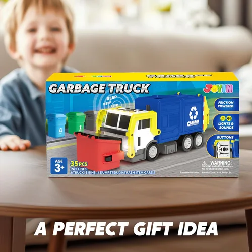 Vista 7 de JOYIN Juego de juguetes de camión de basura de fricción grande, incluye 1 contenedor, 3 cubos de basura y 30 tarjetas de aprendizaje para niños, Azul